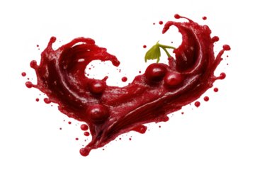 Cherry Juice Heart Splash with transparent background, on black background