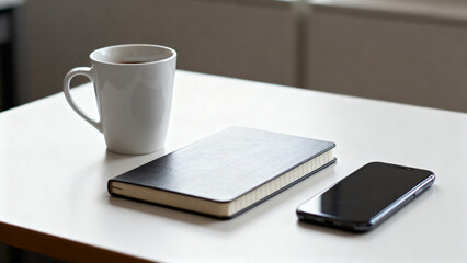Minimal Office Desk with Coffee Cup, Notebook and Smartphone