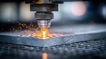 Close-up of industrial laser cutting machine creating sparks on a metal sheet