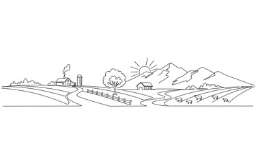 Landscape with village houses on hill. Continuous one line drawing, Village minimalistic contour illustration