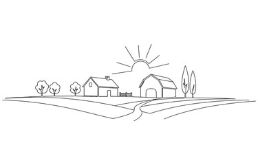 Landscape with village houses on hill. Continuous one line drawing, Village minimalistic contour illustration