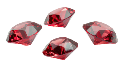Red gems glisten, faceted, dark background