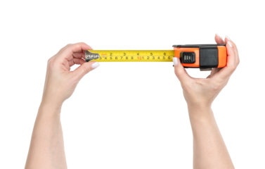 Woman hands holding a yellow measuring tape, isolated object with transparent background PNG, accurate measuring tool for DIY, construction, home renovation or sewing projects