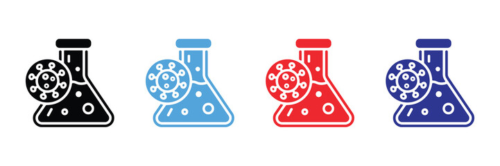 Vector illustration icon colorful laboratory equipment icons with molecular structures on beakers in black, blue, red, and purple on set icon isolated on