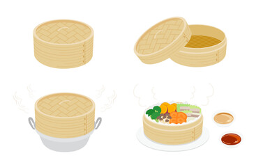 せいろと蒸し料理のイラストセット