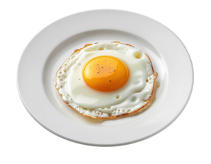 Fried egg with pepper on white plate, centered shot