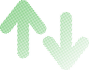 Halftone dotted green up down arrows icon pair for trading directions, stock market trends, buy sell signals, navigation UI elements, business strategy charts and modern fintech app interfaces.