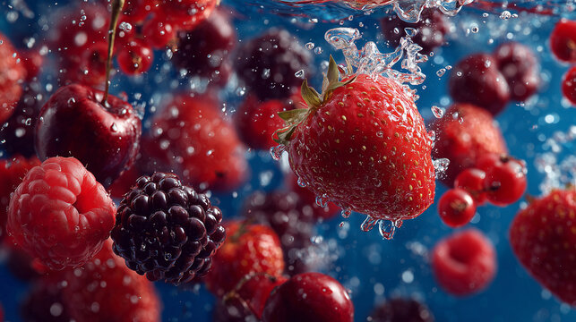 Fresh mixed berries falling into water with splash and bubbles on blue background.