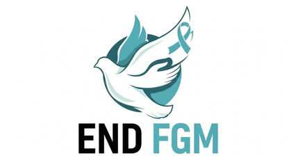 Fototapeta premium Dove carrying awareness ribbon with END FGM text symbolizing peace and the fight against female genital mutilation vector illustration