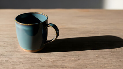 A teal glazed ceramic mug sits on a textured wooden surface casting a long dramatic shadow in the sunlight