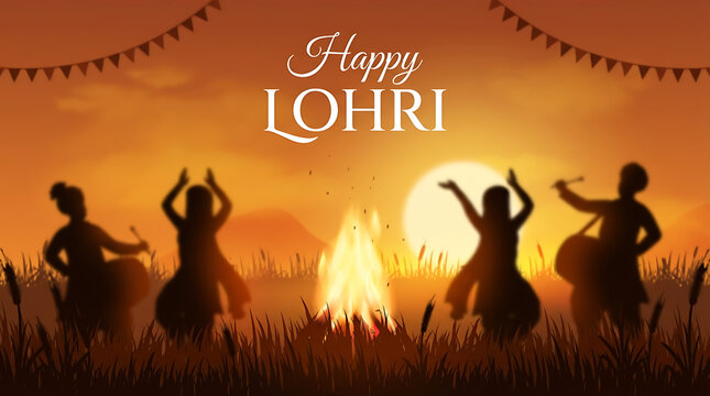 Happy lohri festival concept with silhouettes of people dancing and playing dhol drum around bonfire against orange sunset sky