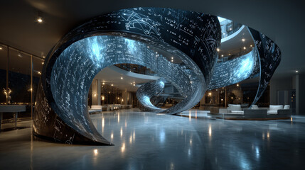3D rendering abstract mathematical formulas in the virtual space. Mathematical formulas is bent in the form of a tape