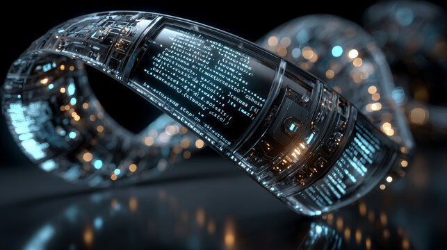 3D rendering abstract code in the virtual space. The computer code is bent in the form of a tape