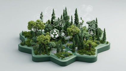 Tiny forest scene, digital rendering with data overlays, representing environment & sustainability