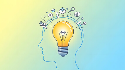 A profile of a human head containing a glowing light bulb surrounded by various creativity and logic icons
