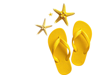 Yellow flip-flops & starfish float on solid black background