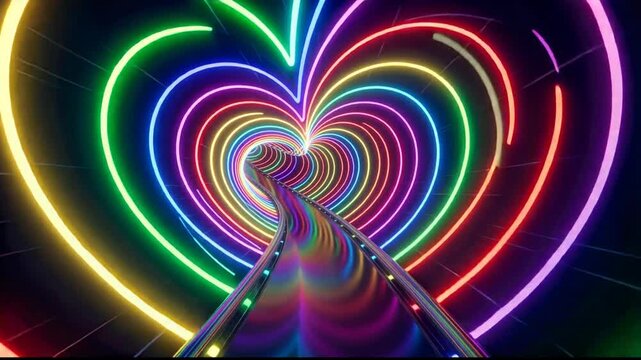 Beautiful Seamless Loop of Rainbow Colored Neon Heart Shape Tunnel Creating Roller Coaster Motion Effect in High Resolution Video