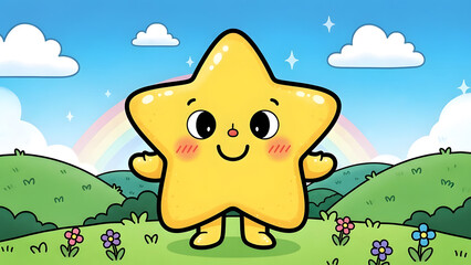 A friendly yellow star character with a smiling face standing in a colorful green meadow with a rainbow