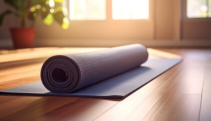 Rolled yoga mat on hardwood floor, sunlight streams in, plant nearby