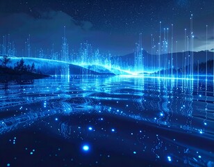 Futuristic landscape with digital data towers reflecting on water at night