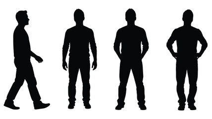 Four male figures in different poses presented as a striking silhouette