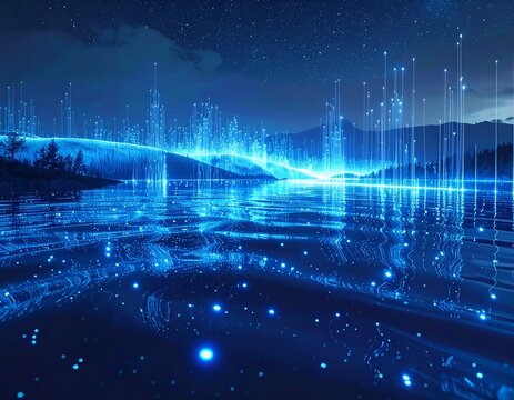 Futuristic landscape with digital data towers reflecting on water at night - Powered by Adobe