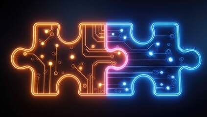 Interlocking puzzle pieces, glowing circuits, orange and blue digital connection