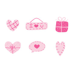 Cute hand-drawn heart, love tag, gift box, and speech bubble isolated on a white background. Valentine concept.