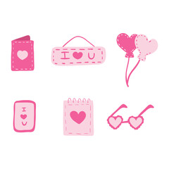 Cute hand-drawn calendar, card, heart glasses, love tag, and balloon isolated on a white background. Valentine concept.