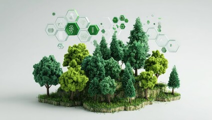Digitally rendered forest of varying tree types with floating hexagonal information graphics