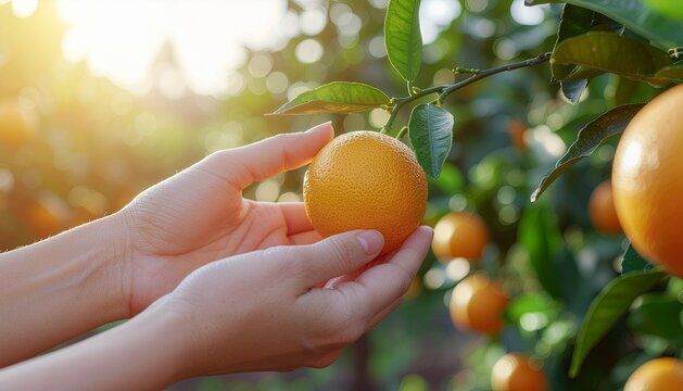 A close-up of a woman&rsquo;s hand gently picking a ripe orange from an orange tree in a sunny orchard,