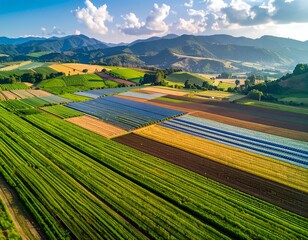 Aerial of cultivated fields in various colors nestled near gentle hills