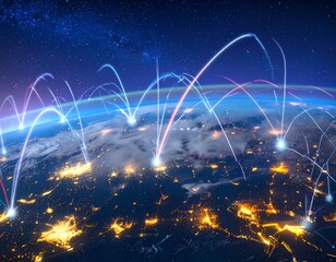 Digital connections overlay a glowing Earth, starry background