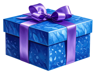 Wrapped blue gift with a purple satin bow, speckled