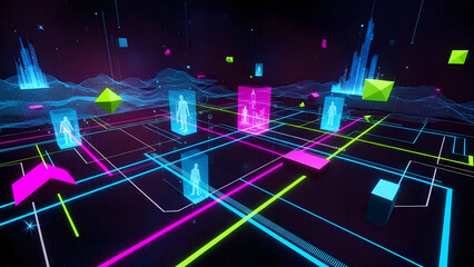 A high-tech digital landscape with neon lines, geometric shapes, and holographic human figures in a virtual world
