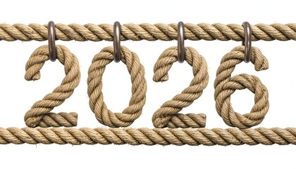 Rope crafted 2026 digits hanging from a horizontal rope, white background