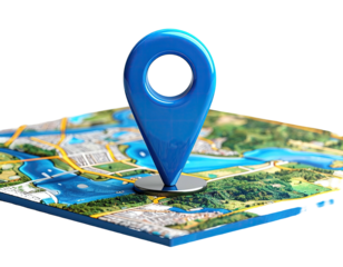 Blue map pin over city map