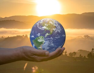 Human hand cradles planet Earth, sunrise backdrop