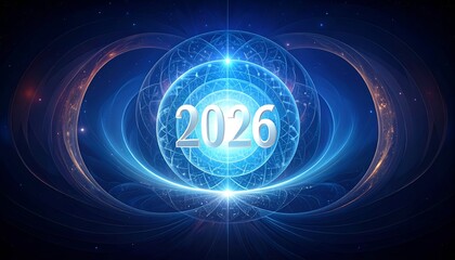 Futuristic, glowing blue orb with the year 2026