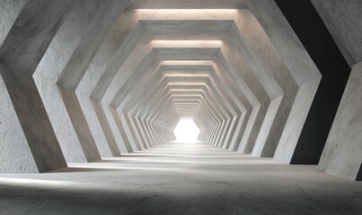 Long tunnel with repeating geometric design, lit from above, leading towards a bright exit