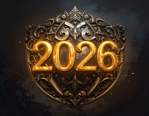 Ornate shield displays golden 2026, textured metalwork, dark background