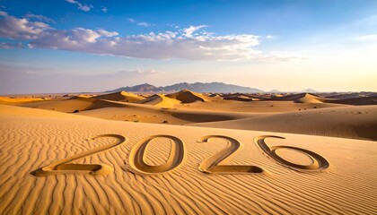 Sand dunes etched with "2026" under a scenic cloudy sky