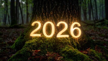 Illuminated "2026" glows on a mossy tree trunk in a forest