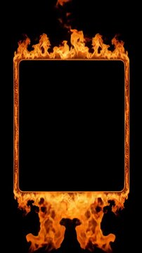 Fiery frame on stark black backdrop. An vibrant and intense fire border burns with vibrant orange flames creating a dramatic effect. Hot bright frame for announcements.