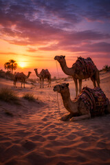 desert camels at dusk