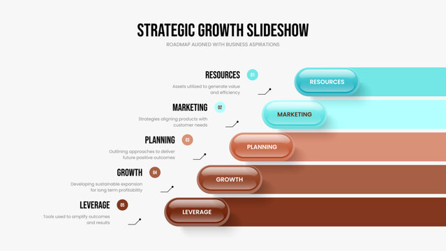 Market Analysis 5 Element Diagram Presentation Template. Professional Portfolio Five Option Infographic Frame Layout. Product Visualization Slide Design Vector Illustration.