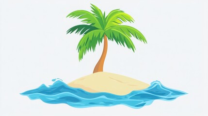 Minimal Tropical Island With Coconut Tree and Surrounding Ocean Waves