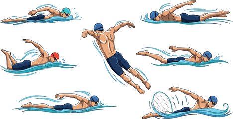 Swimming strokes, freestyle, butterfly, breaststroke, diving entry, underwater glide, swim cap, goggles, athlete motion, water splash, black silhouette