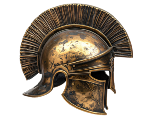 Ancient, tarnished bronze helmet with plume, detailed