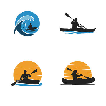 Kayaking and Canoeing Water Sport Silhouettes Vector Logo Set featuring Paddlers, Waves, and Sunset Backgrounds